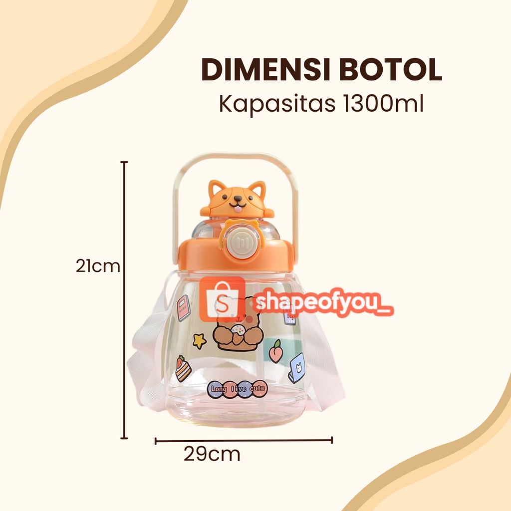 Botol Minum Plastik Gemoy Beruang Kelinci Warna Lucu Sedotan 1,3 Liter Tali Free Sticker