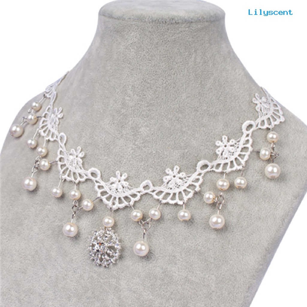 Ls Kalung Hollow Mudah Dipakai Mutiara Imitasi Faux Pearl Sexy Gaya Rock Lace Choker Untuk Kehidupan Sehari-Hari