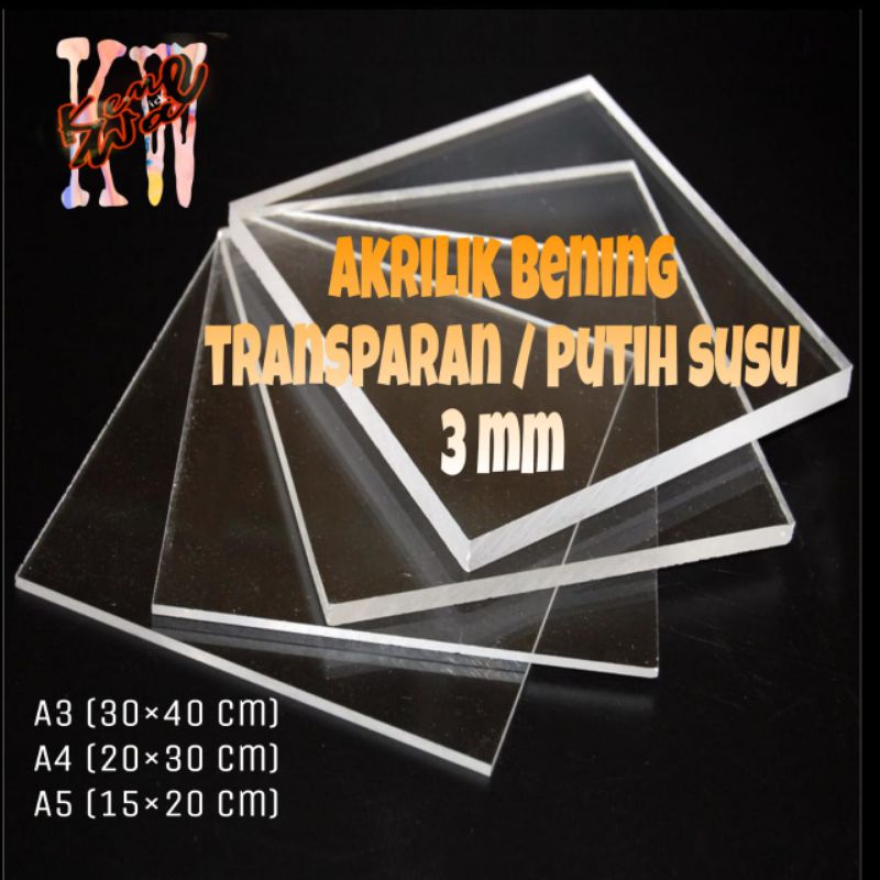 

Akrilik lembaran 3mm (A3, A4, A5 ) bening transparan / putih susu