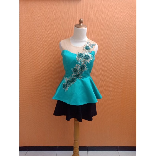 atasan wanita satin tile hijau tosca VIVORIE cewek M cute MEWAH bunga timbul PESTA peplum