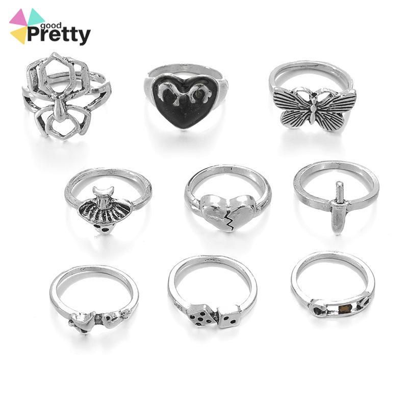 9PCS/SET SWORD RING HIP HOP PUNK SILVERMETAL RING SET - PD