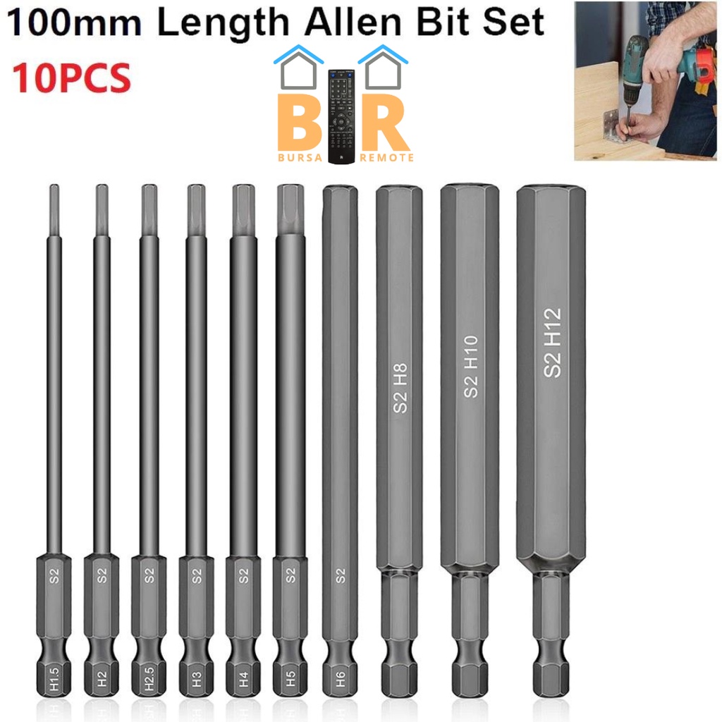 Mata Obeng Magnetic Torx 1/4&quot; Set 10 Pcs Kunci L Kepala Hex Bahan Baja Allen Bit Kunci Pas Obeng Magnetik Matrix S2 Alloy Steel