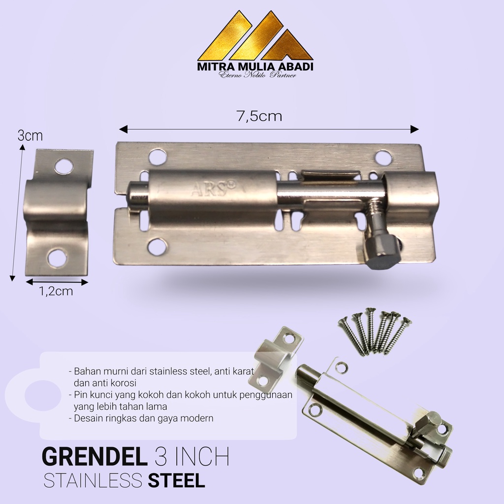 Grendel Slot Pintu Jendela 3 Inch l 7,5cm l Selot Stainless + Skrup