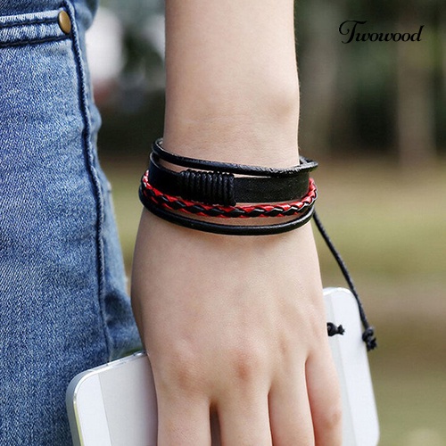 Twowood Unisex Vintage Retro Multilayer Braided Faux Leather Wristband Gelang Bangle