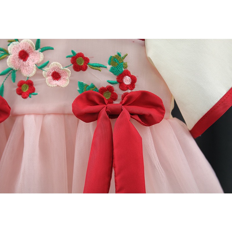 Dress Cheonsam Anak Perempuan Import Krem Kuning Motif Pita Bunga+Jepit Hanfu