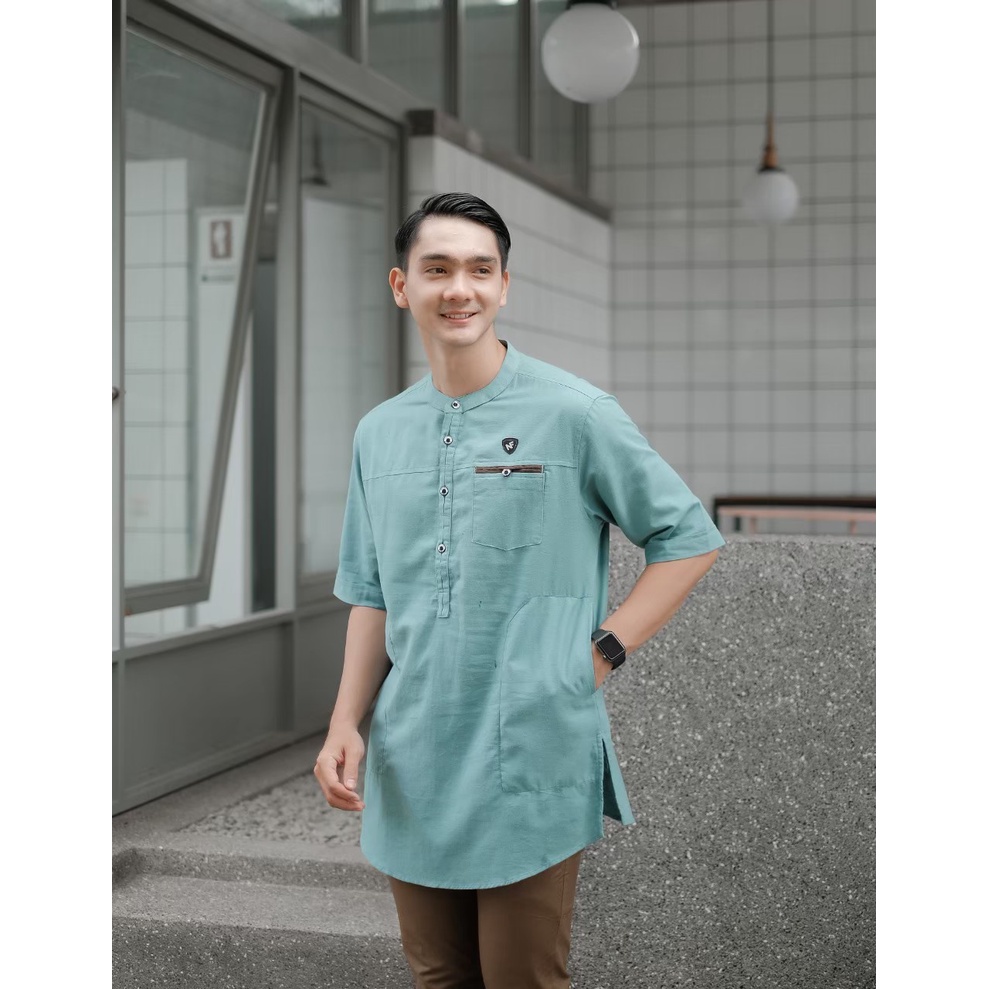 Baju Koko Dewasa Lengan Pendek Katun Linen Washing Biru Wardah Nayfar