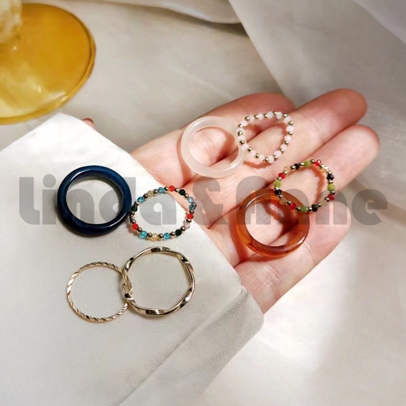 Cincin Renza Yuuna Cincin Akrilik Set 4 in 1 Campur Ring Fashion Retro - Cincin Retro 4set Akrilik