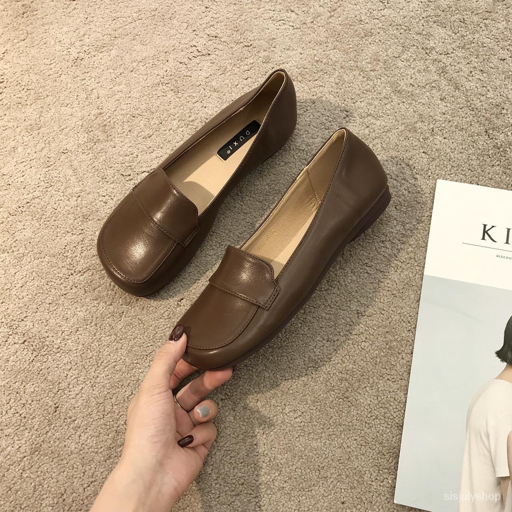 #Sisjuly# Sepatu kulit kecil retro wanita dengan ujung bulat lembut sepatu kulit kecil sepatu tungga