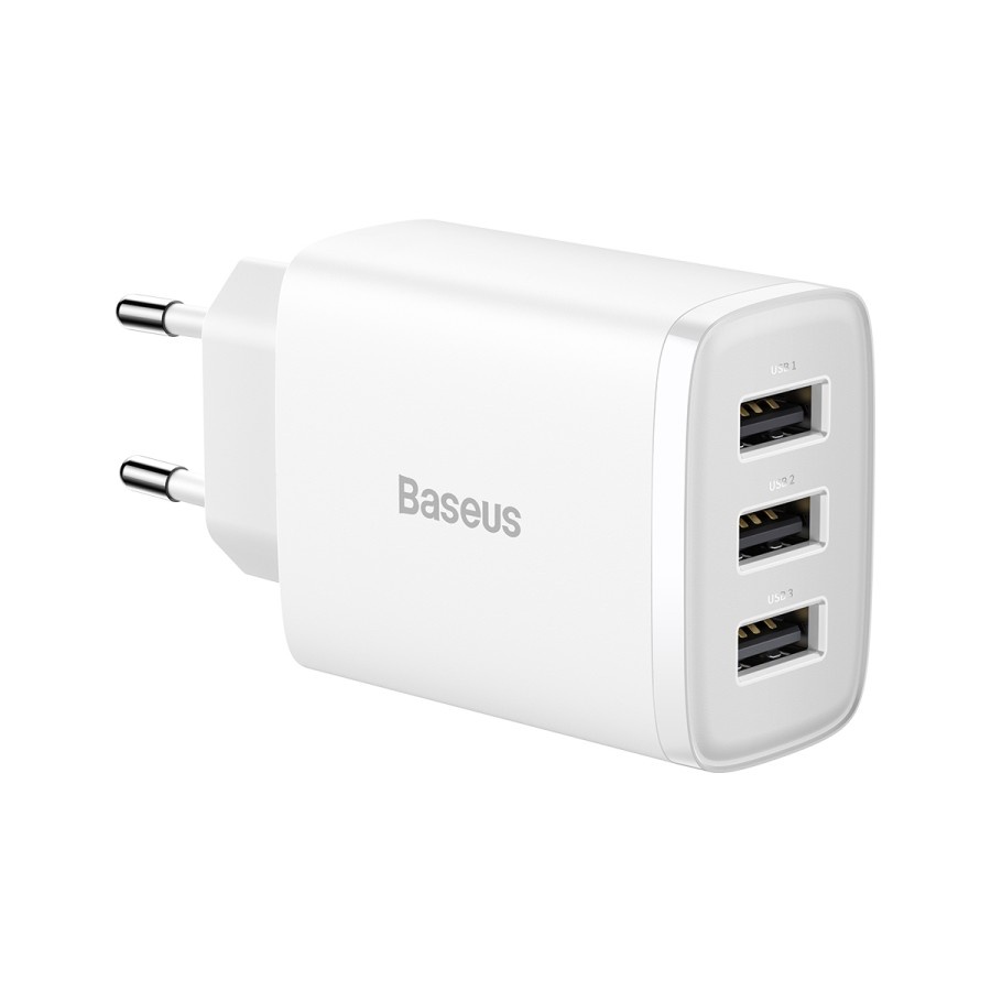 Baseus Original Adaptor Charger Compact 17W 3.4A 3 USB Port Kepala Adapter Casan Tiga Lobang Ori