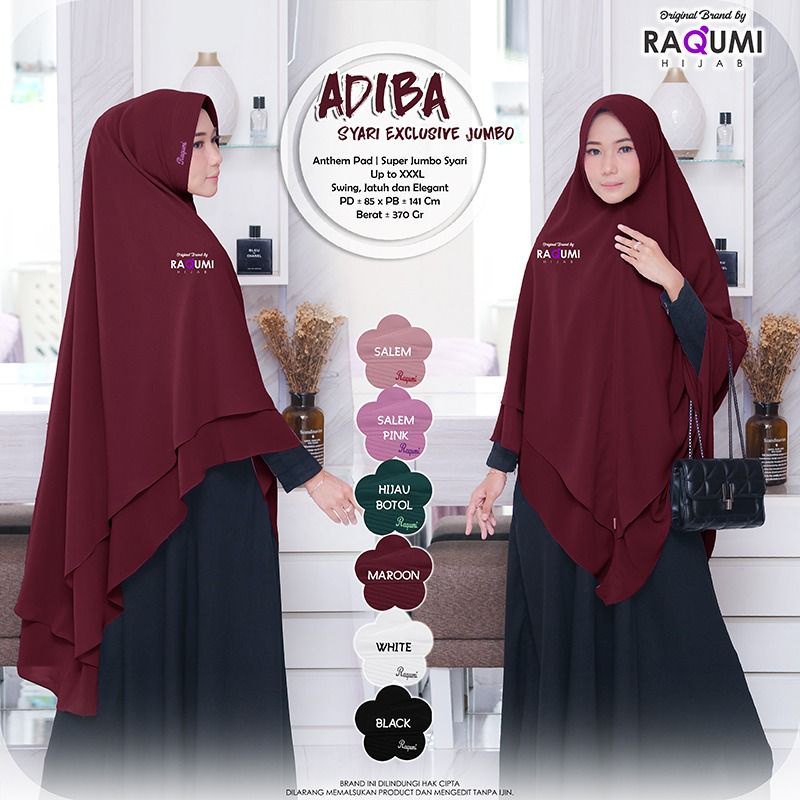 Khimar jumbo size / Adiba Syari Exclusive Jumbo berlabel Ori Raqumi Hijab Bahan Ceruty Premium 2 Lap
