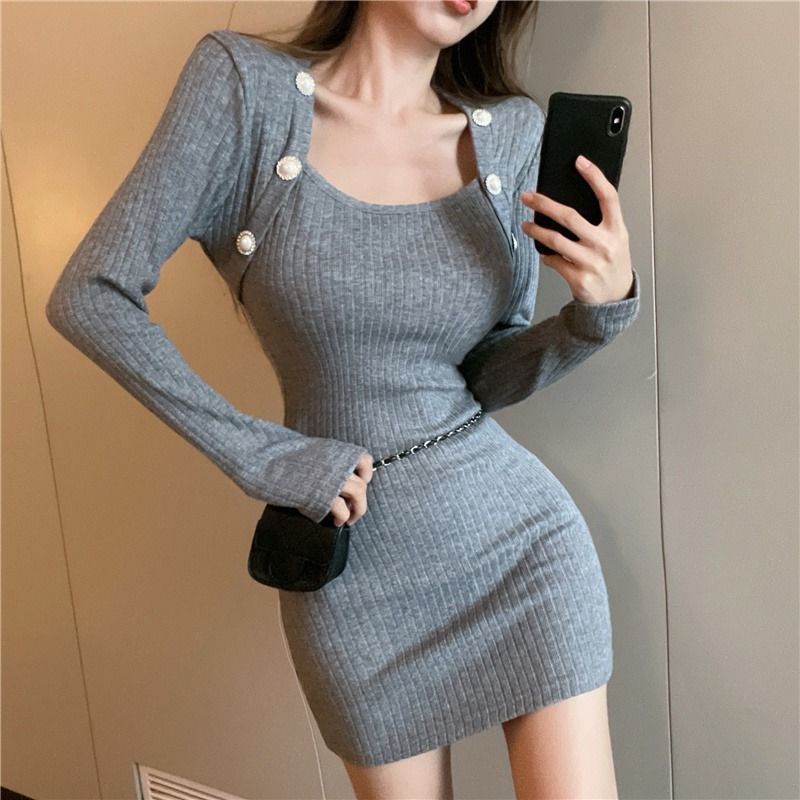 Red MICAILIN musim gugur dan musim dingin wanita baru rasa desain lengan panjang slim rajutan sweater gaun pinggang tinggi tas pinggul rok ketat