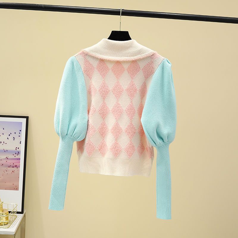 Red [Putri Catur] Hitam Kotak-kotak Sweater Kardigan Lengan Panjang Kerah Boneka Lucu Lembut Kancing Hati Merah Jacquard