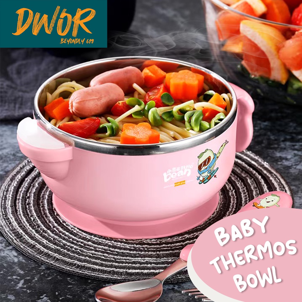 Mangkok terisolasi bayi / Mangkok Bubur / Alat makan bayi / stainless steel dua lapis mangkuk terisolasi bayi dengan pegangan mangkuk makanan pelengkap mangkuk anti jatuh dengan tutup 3 warna