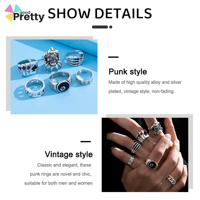 6PCS/Set Cincin Unisex  Punk Membesar-besarkan  Badut Poker Cakar Hantu Tengkorak  Perhiasan Bulat Nomor 8 - PD