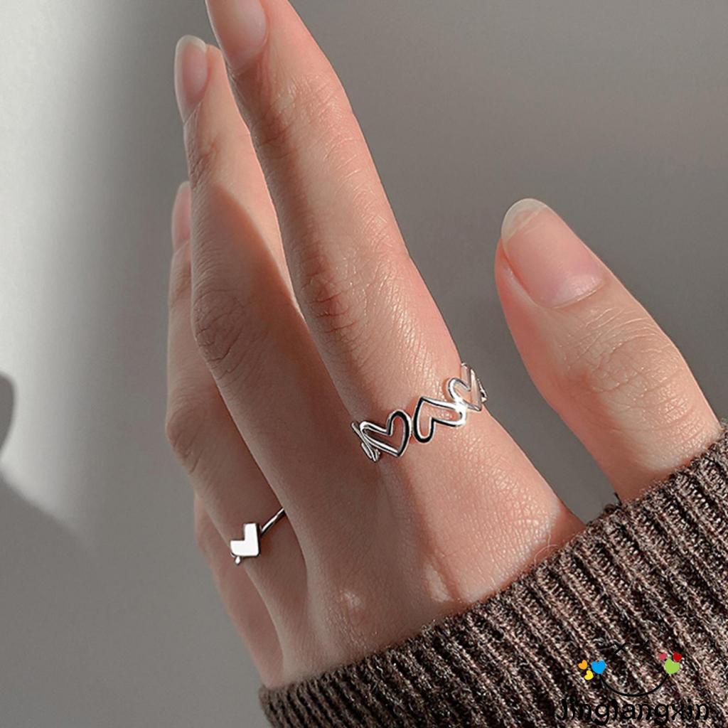 Llx-2 Buah Cincin Jari Set Bukaan Dapat Disesuaikan Dengan Desain Berbentuk Hati Cinta