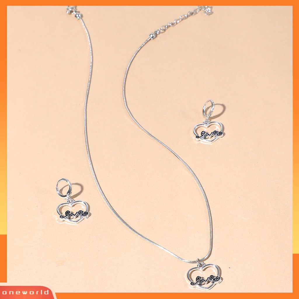 [oneworld] Set Kalung Eye-catching Bahan Alloy Pengerjaan Halus Bentuk Hati Cincin Telinga Menjuntai Set Untuk Harian
