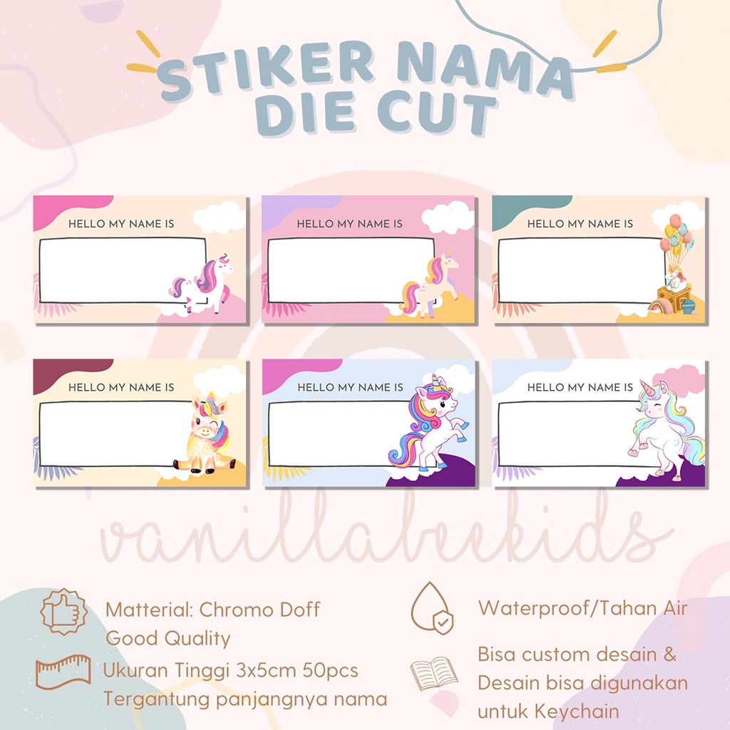 

Stiker Die CutUNICORN Label Nama Waterproof Tahan Air