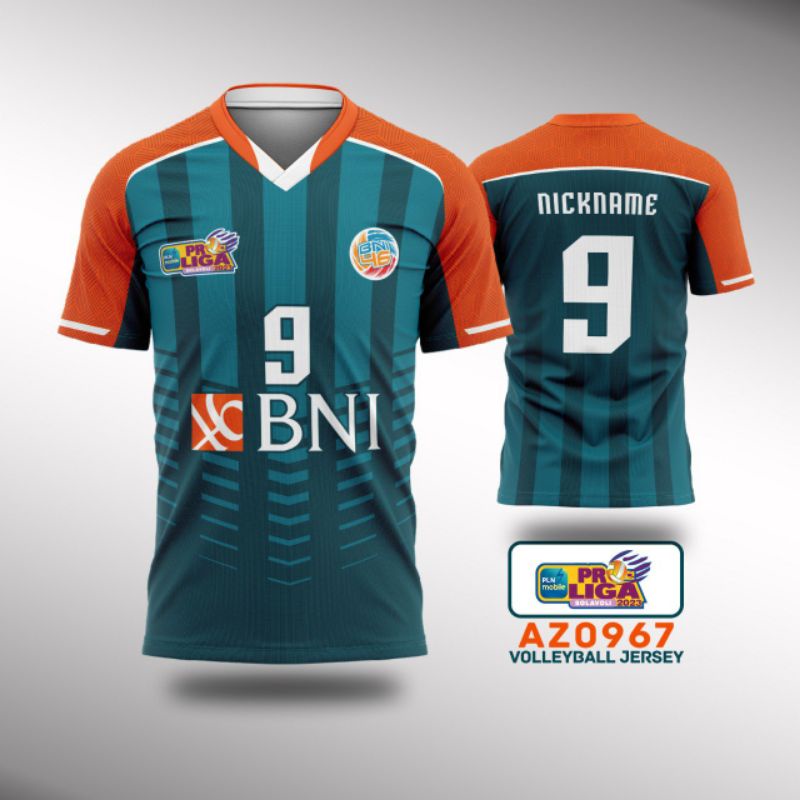 Jersey bola voli Pro Liga BNI 46 2023 vneck hijau custom gratis nama XS-XXL