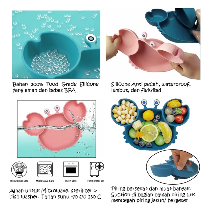 LIGERA Premium Silicone Crab Suction Plate / Piring Makan Sekat Kepiting Anti Geser Tumpah Bayi Anak