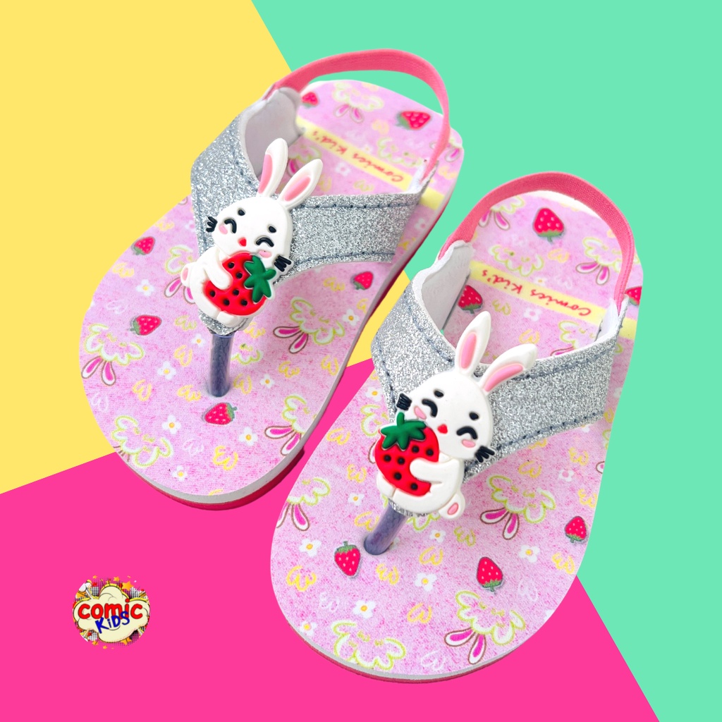 Sandal Jepit Anak Perempuan Comickids Sendal Bayi Balita Cewek Flip Flop Girls Slipper Bunny Pink Rabbit Glitter