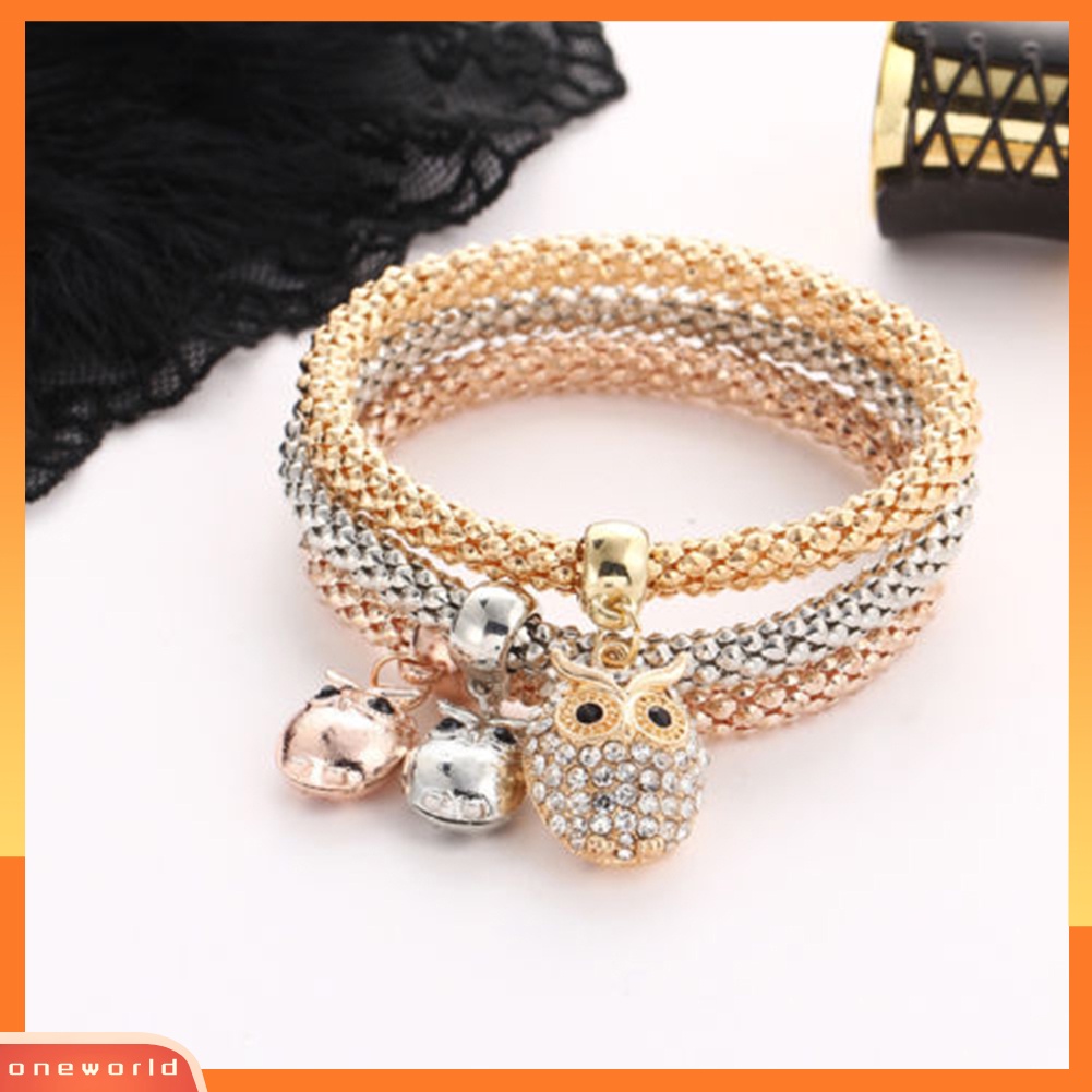 {oneworld} 3 Pcs/Set Wanita Fashion Burung Hantu Pohon Gelang Berlian Imitasi Liontin Bangle Perhiasan Hadiah