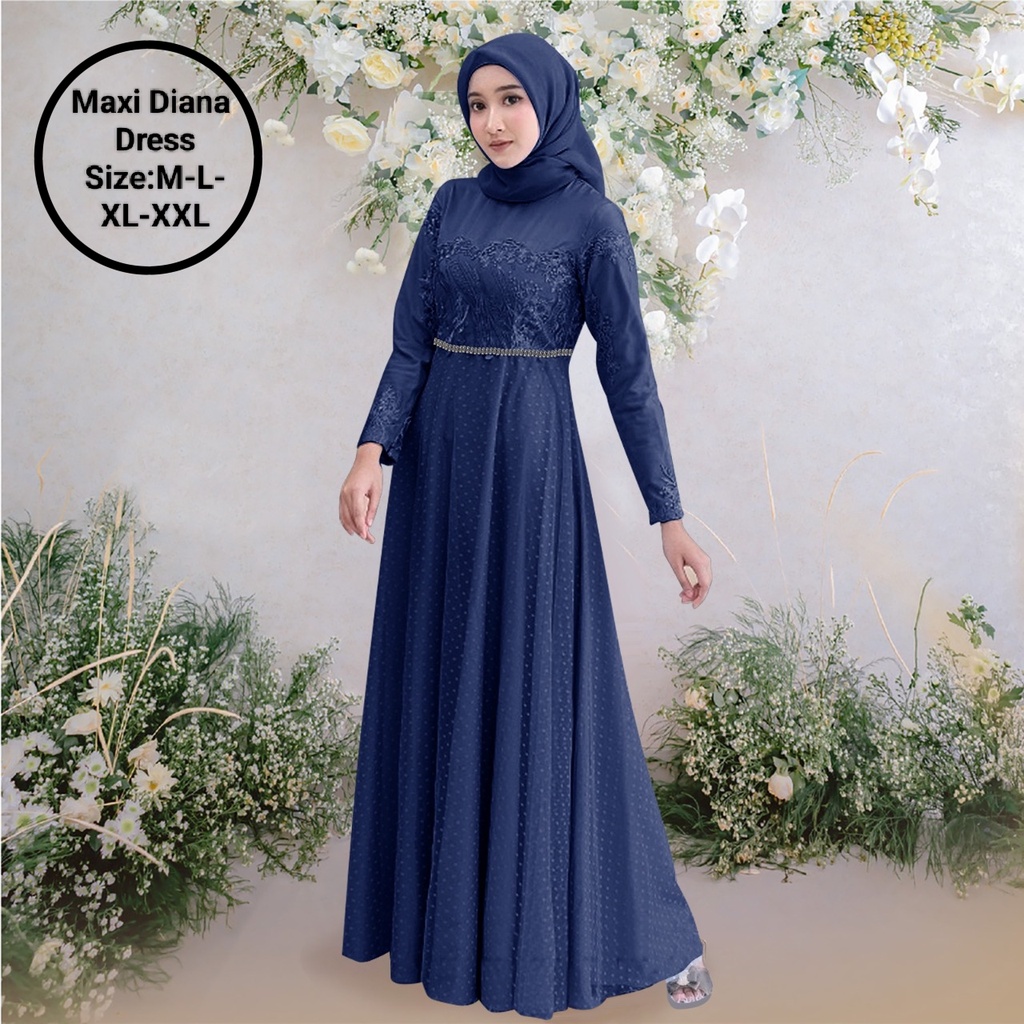 Pakaian Gamis Wanita Busui Model Terbaru Kekinian/Maxi Diana Dress 4 Size M-L-XL-XXL Matt Moscrepe Mix Brokat Mutiara Dan Tille Onde/Dress Kondangan/Dress Elegant