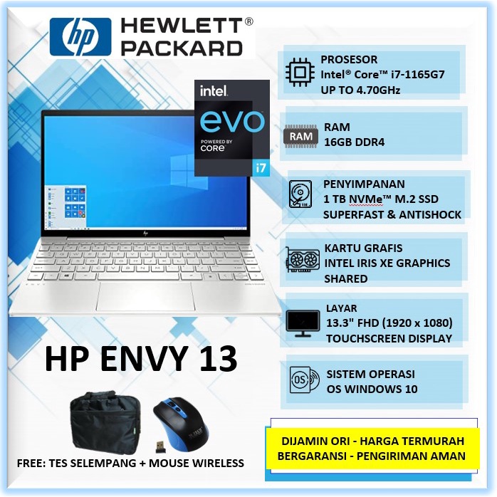 Laptop Ultrabook Slim Ringan HP Envy 13 Touchscreen Intel Core i7 1165G7 Ram 16GB SSD 1TB Silver