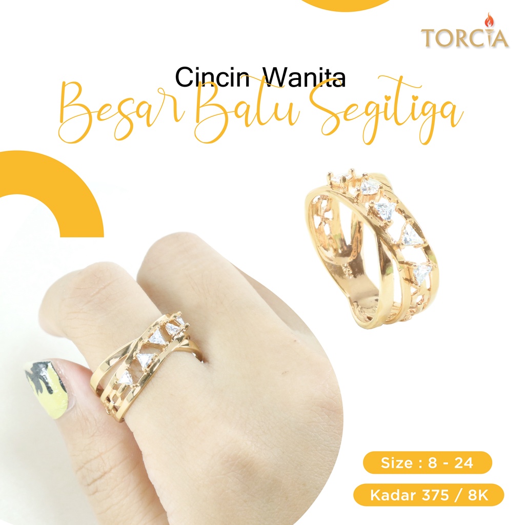 Cincin Wanita Emas Asli Besar Batu Segitiga Kadar 375 Torcia