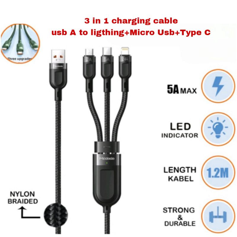 McDodo Kabel Data 3 IN 1 USB Ke Type C,Lighting,Micro Usb Fast Charging