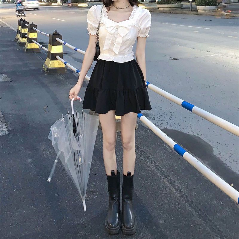 Red Temperamen Perancis kerah persegi lengan engah pendek busur chic top wanita musim panas ruffles slim-fit kemeja lengan pendek