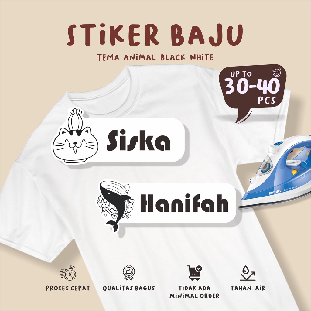 

(30-40 pcs )murah iron stiker tema ANIMAL BLACK WHITE/bisa custom nama/stiker label baju