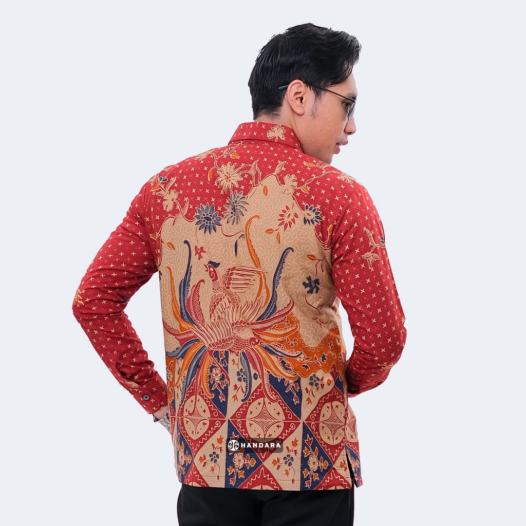 Handara Batik Pria Lengan Panjang Slim Fit Premium Kawung Wajik Merah HB-318