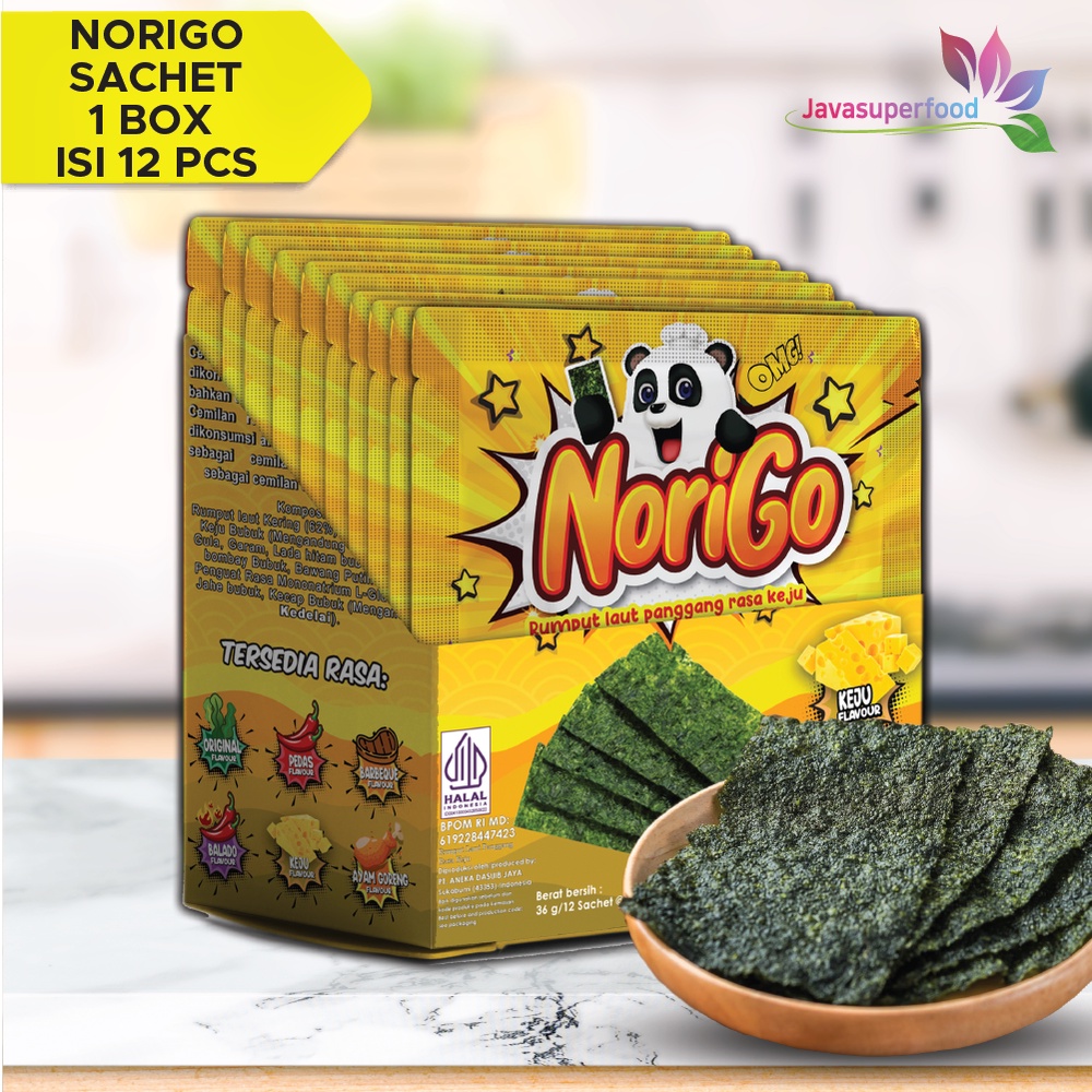 Norigo (1 BOX ISI 12 PCS) / Nori Sachet Keju Seaweed Snack 3g Rumput Laut Halal Rasa Keju