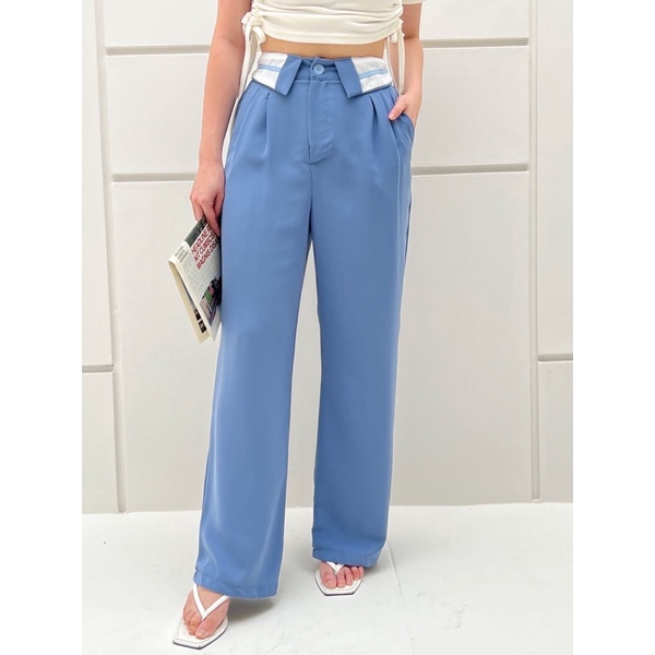 Jennie [제니] Folded Bi-Color Line Pants Celana Panjang Gaya Korea Blackpink Kulot Wanita Perempuan Ce