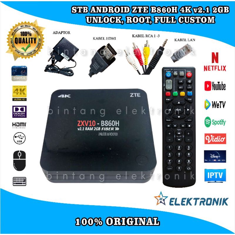 STB Android Smart TV BOX ZTE B860H 4K V2.1 RAM 2GB Unlock Root Full Custom Full Aplikasi plug and pl