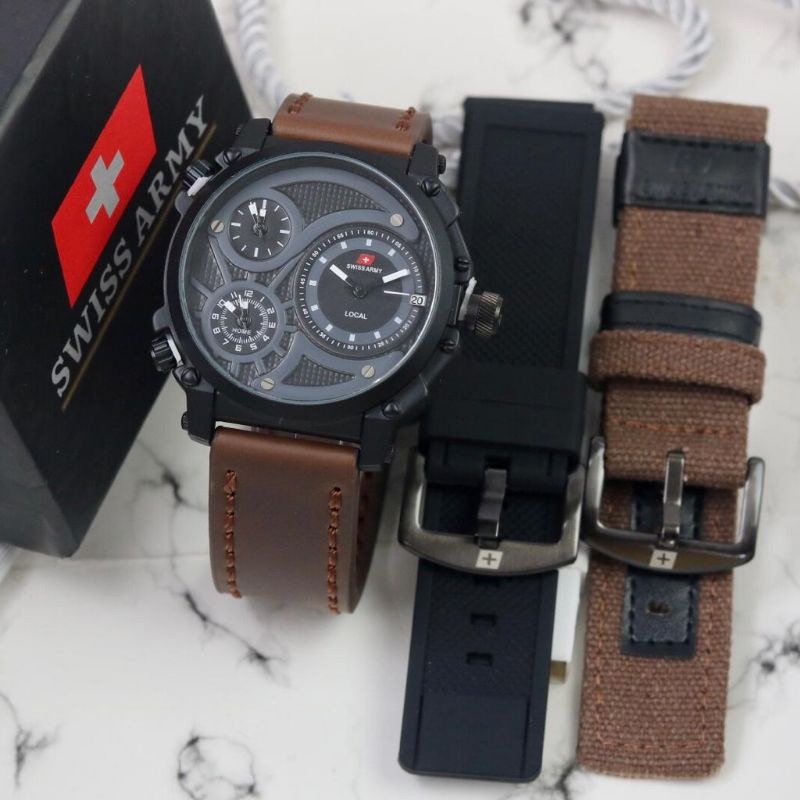 PROMO  JAM TANGAN PRIA 3 TIME KULIT TANGGAL AKTIF FREE 2 PCS TALI DIAMETER 4,8CM