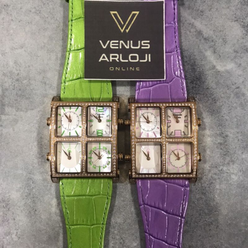 Jam Alexandre Christie AC 2409 LH LRG DR Wanita Rosegold Kulit Hijau Ungu Segi Diamond 4 Waktu