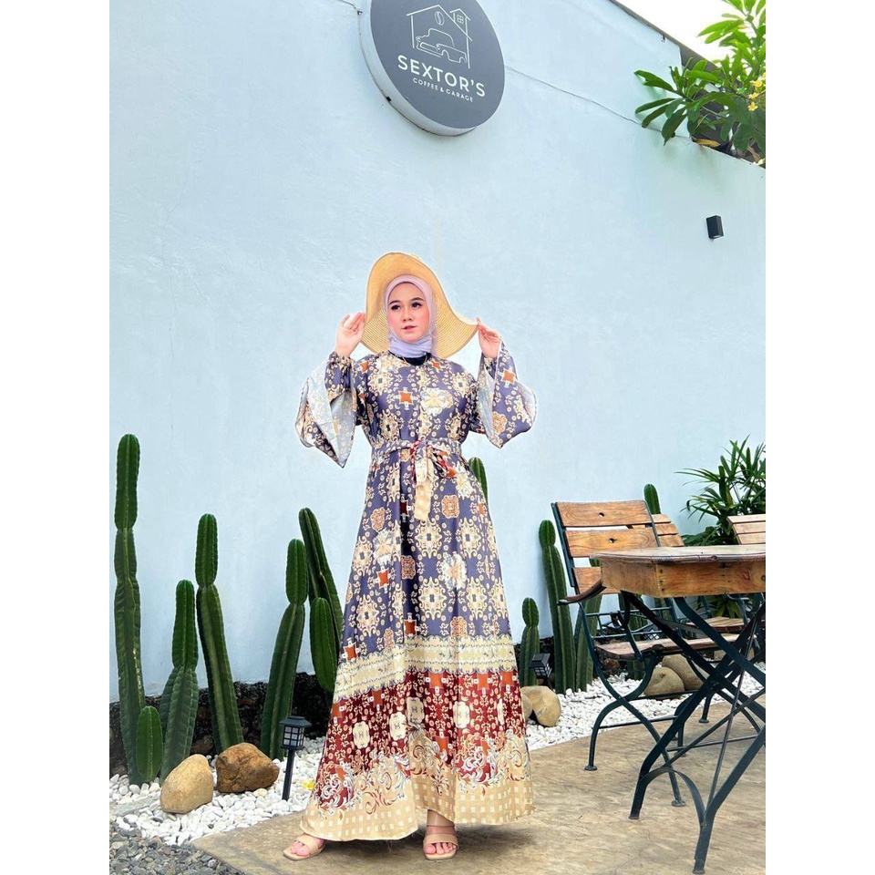 Harera Gamis Terbaru Diora Silk Dress Wanita Lengan Terompet Tumpuk Panjang Maxidress Kekinian LD 110 cm