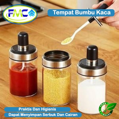 Tempat Bumbu Kaca Botol Wadah Bumbu Tabur Cair Serbaguna Tempat Bumbu Tutup Sendok Praktis Tempat Kopi Gula Caffe