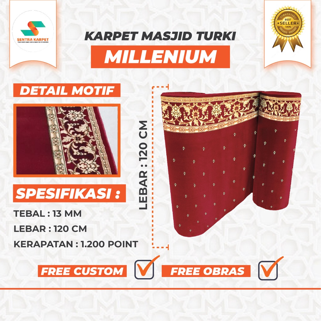 KARPET MASJID TURKI TEBAL 13 MM LEMBUT PREMIUM | MOTIF MILLENIUM | TEBAL 13 MM | SENTRA KARPET
