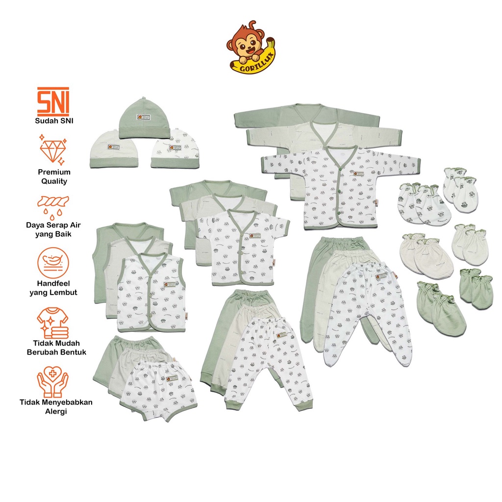 GORILLUX PAKET 9 Setelan Baju Bayi Lengkap + Topi STK Seri Mustard (0-3 Bulan)