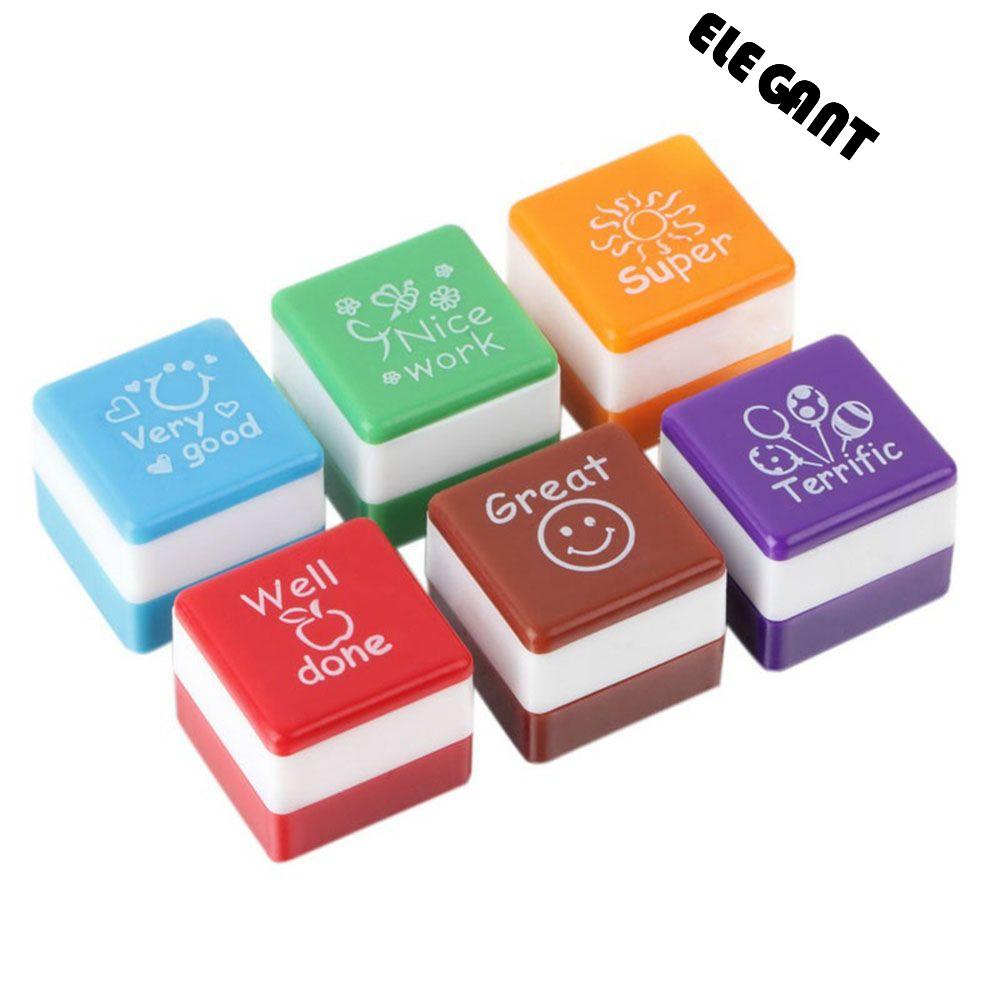 ELEGANT Gift Carved Stamps Diary Kids Reward Praise Teachers Self Inking Stampers Scrapbooking Cute for Student 6pcs/set School Supplies Cartoon Motivation Sticker