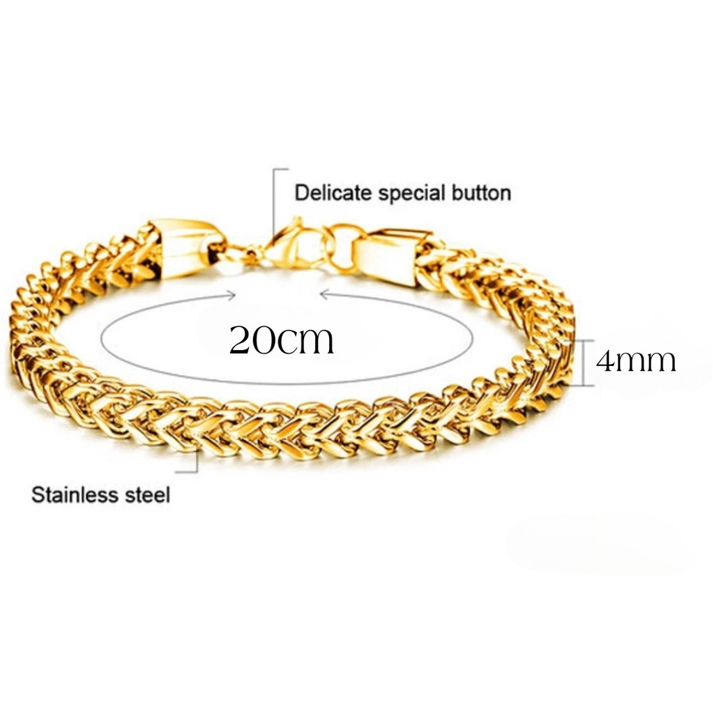 Gelang Unisex  (Untuk Wanita dan Pria) Rantai Gandum Tali Baja 4mm Warna Gold