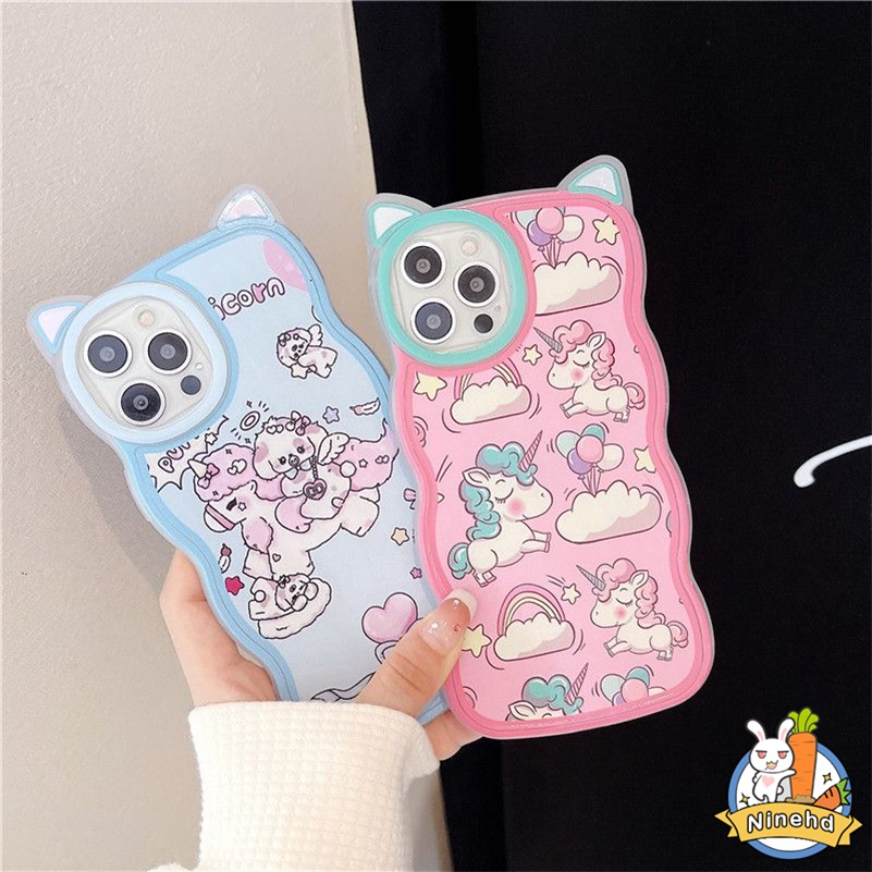 IPHONE Casing Kompatibel Untuk Iphone14 13 12 11 Pro Max X Xr Xs Max8 7 6 6s Plus SE Casing Ponsel Telinga Kucing Unicorn Kartun Lucu Lembut Bergelombang Edge Case Silicon Anti-Shock Bumper Cover Pelindung