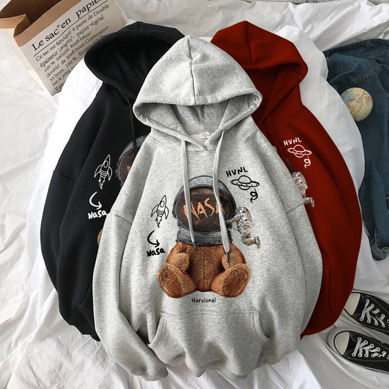 Parisdivarious Sweater Hoodie Jemper Astronout Bear Bahan Fleece Size S - XXL (Pria &amp; Wanita)