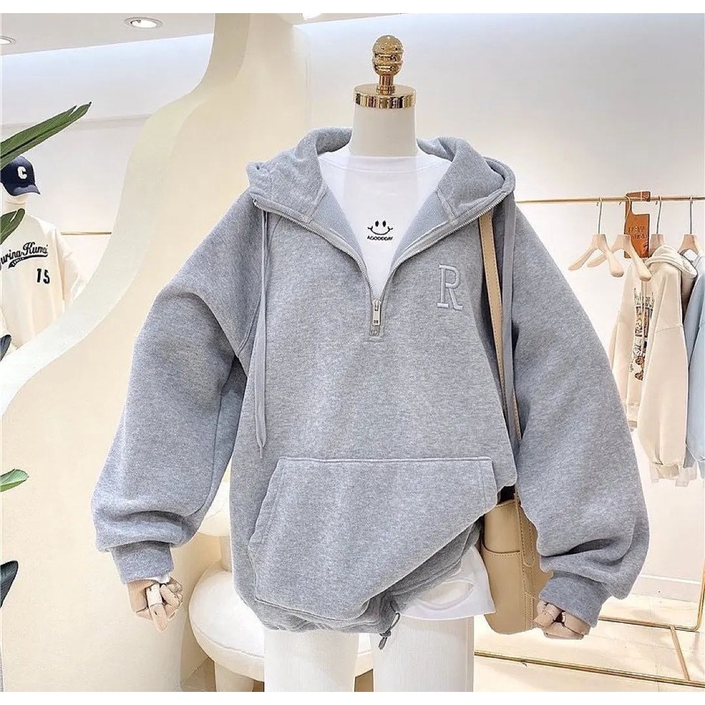 Jacket Wanita R BORDIR HOODIE ZIP SLETING Sweater Kasual Ala Korean Gaya Simple