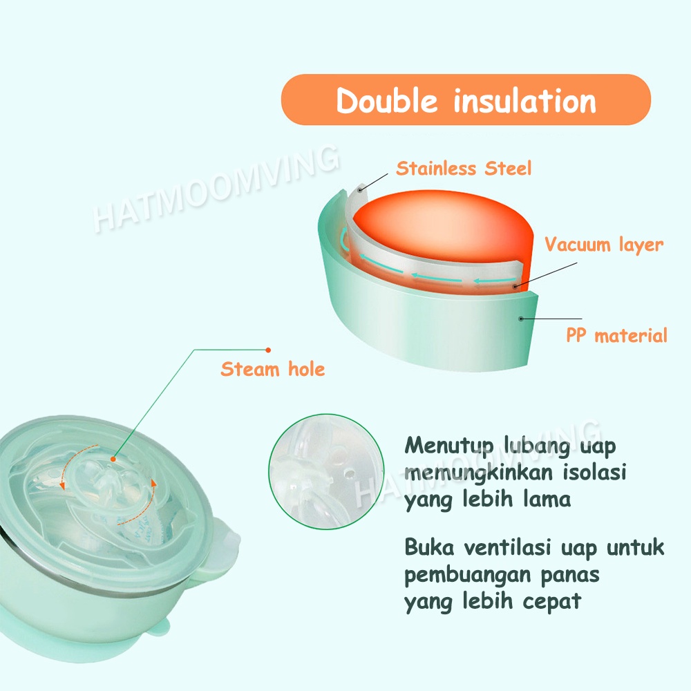 Mangkok terisolasi bayi / Mangkok Bubur / Alat makan bayi / stainless steel dua lapis mangkuk terisolasi bayi dengan pegangan mangkuk makanan pelengkap mangkuk anti jatuh dengan tutup 3 warna