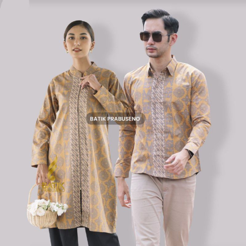 Batik Prabuseno Atasan Couple Kemeja Pria Lengan Panjang Slimfit Tunik/Outer Wanita Elegant Zipper D