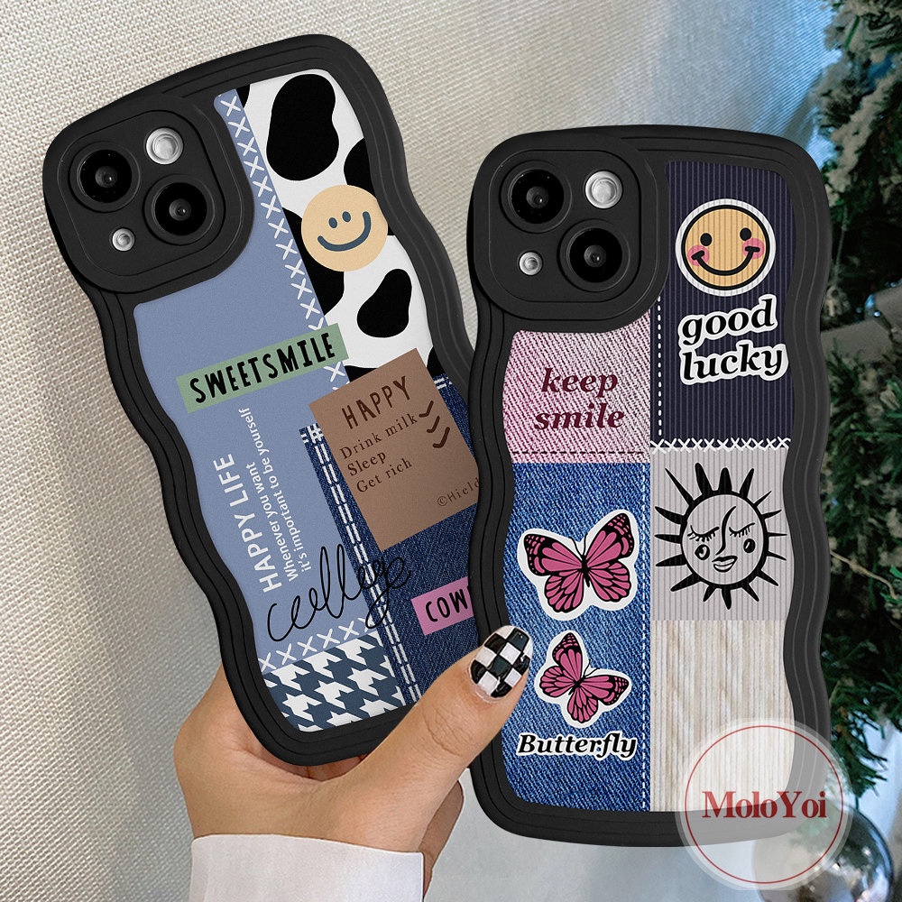 IPHONE Case Pasangan Untuk Iphone12 13 14 Pro Max 11 Pro Max6 6S 7 8 Plus XR X XS Max SE 2020 INS Fashion Lucu Manis Senyum Splicing Kupu-Kupu Art Label Tepi Bergelombang Lembut TPU Penutup Belakang