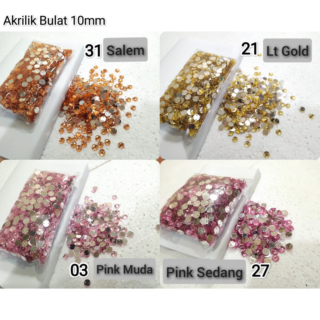 Payet / Diamond Kristal Akrilik Jahit Grade A Bulat 10 mm, per pak, 2000 pcs [Grosir]